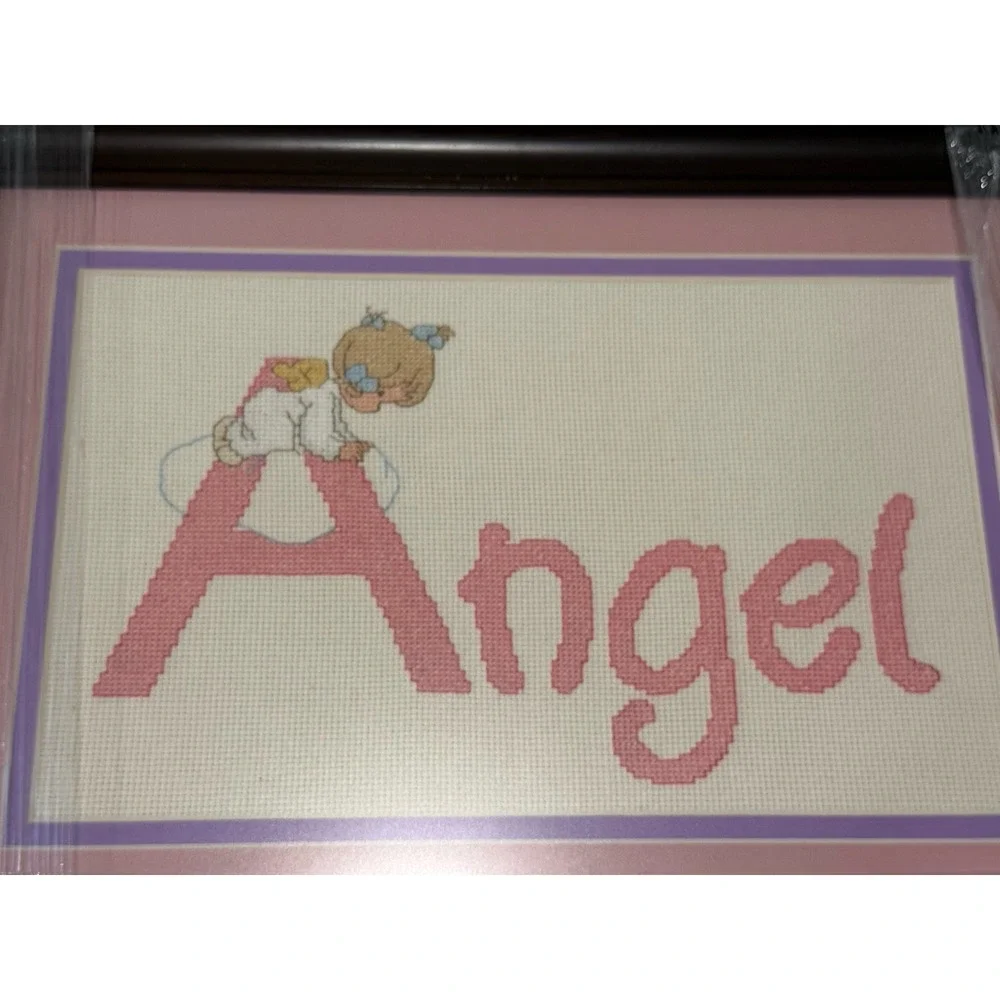 Needlepoint Angel Wall Art Framed Plaque Hanging Handmade Cross-stitch Pink